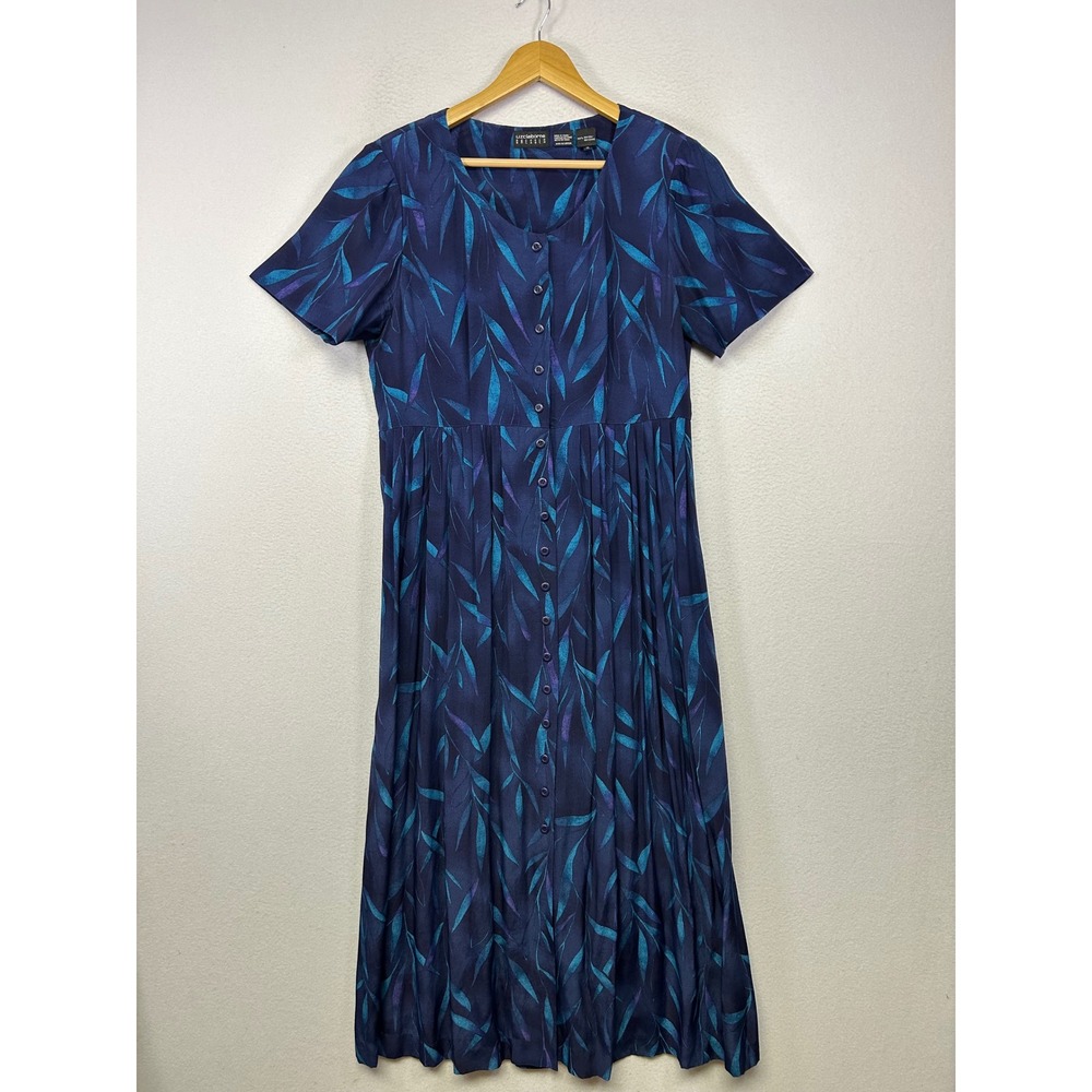 Vintage 90s Liz Claiborne Womens 10 Navy Blue Teal Leaf Print Rayon Midi Dress